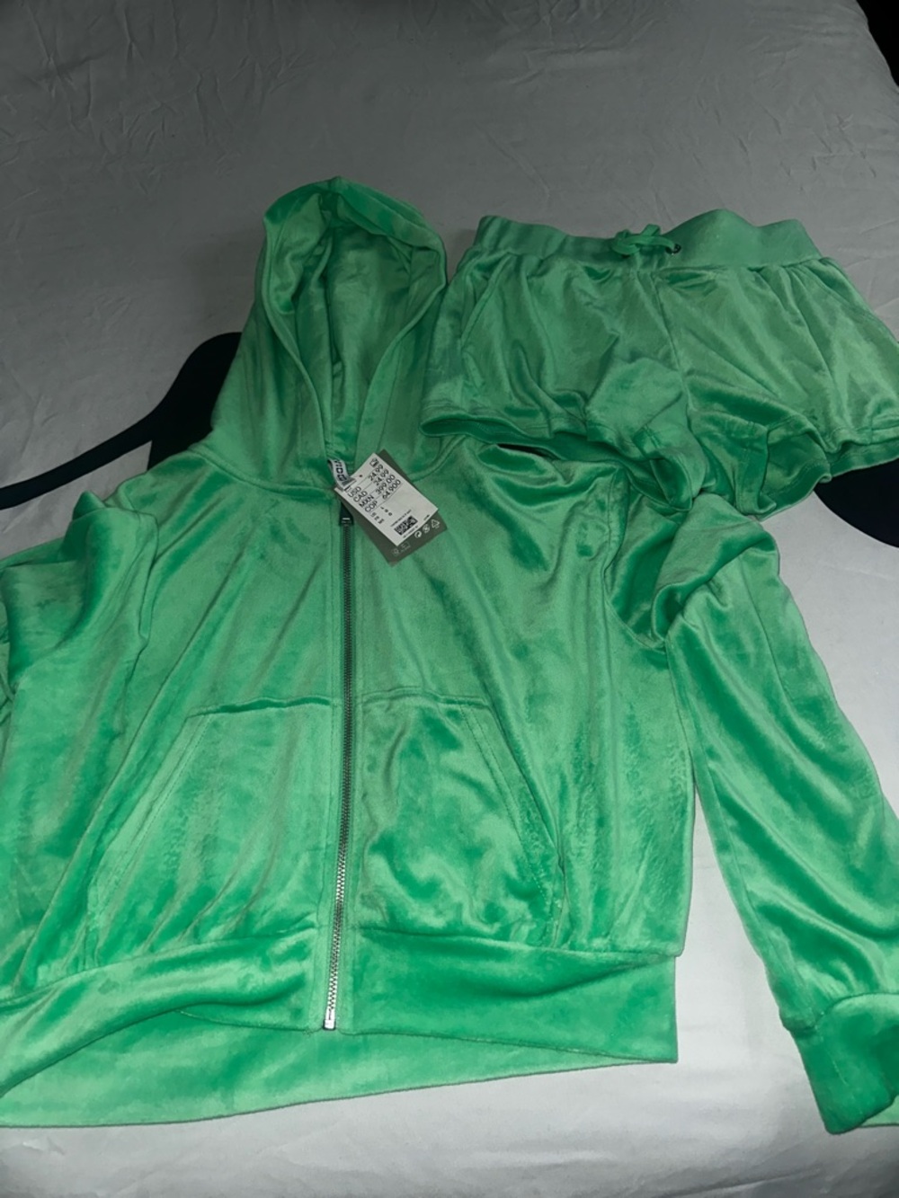 Green Velour Zip Hoodie & Shorts Set